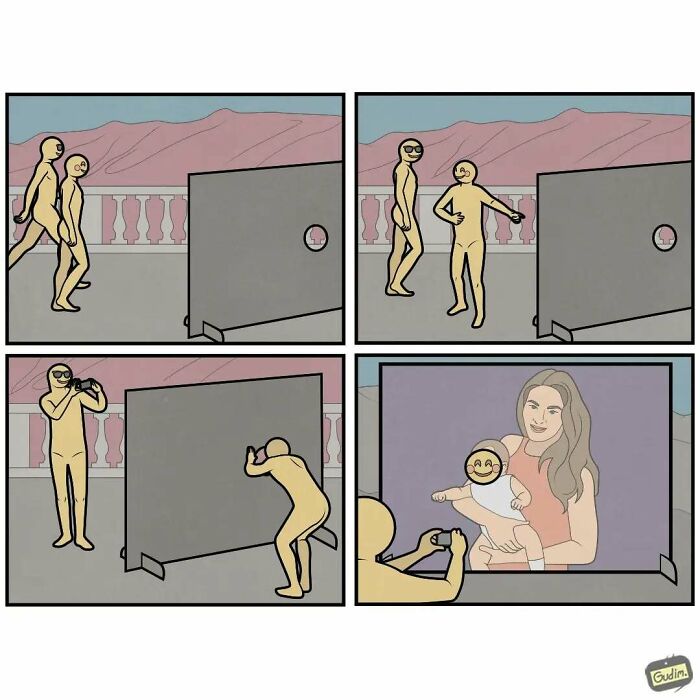 Absurd comic by Anton Gudim showing a humorous photo setup with a baby face cutout.