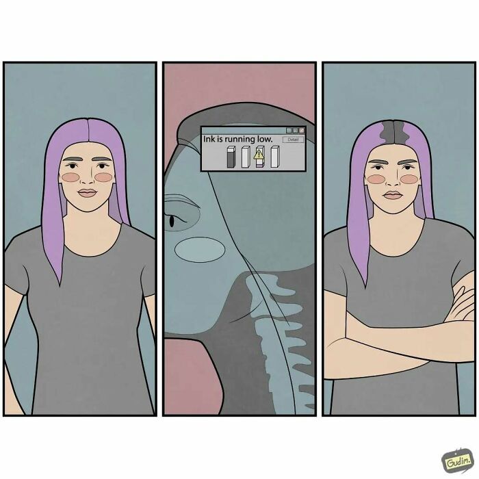 Absurd comic by Anton Gudim: woman's hair color fading with "Ink is running low" alert.