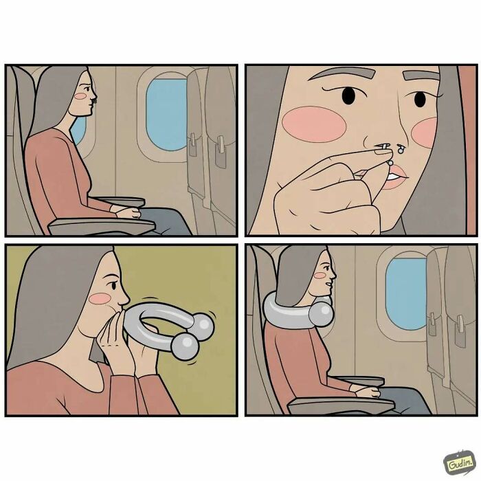 Comic by Anton Gudim showing a woman on a plane inflating a neck pillow from her nose ring.