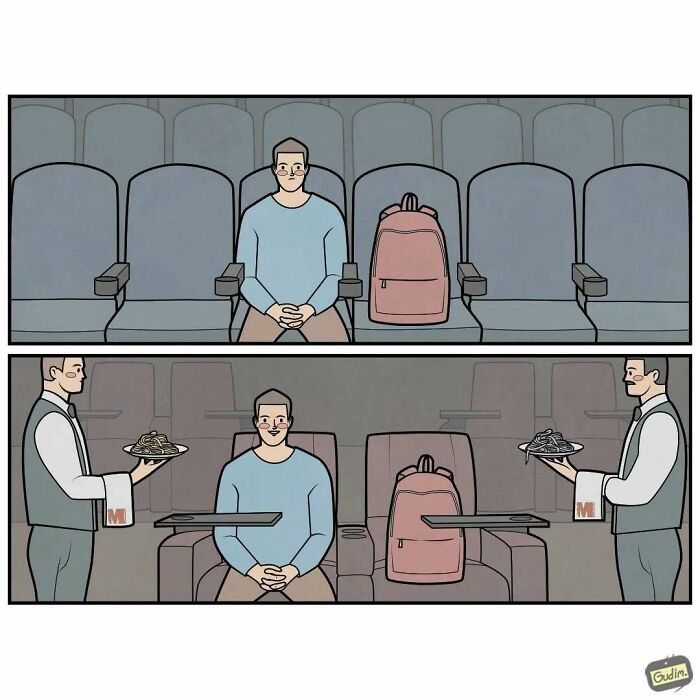 Comic by Anton Gudim showing social commentary: a man in a theater served food on tray tables from his seat and a backpack.