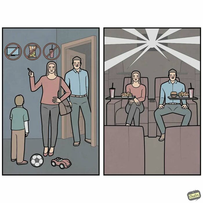 Comic commenting on society's double standards, showing a family banning screens at home but indulging in a cinema.