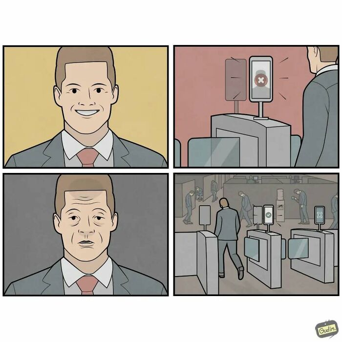 Absurd comic by Anton Gudim showing a man whose facial recognition fails, highlighting societal commentary.