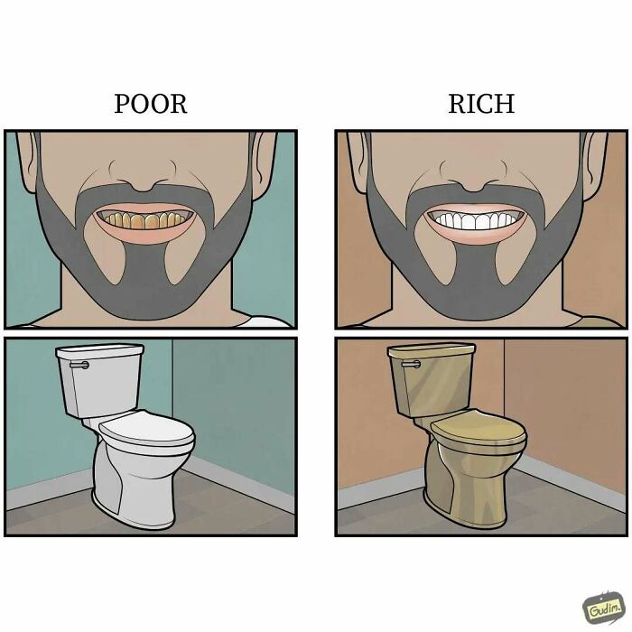 Absurd comic by Anton Gudim showing a contrast between poor and rich with images of teeth and toilets.