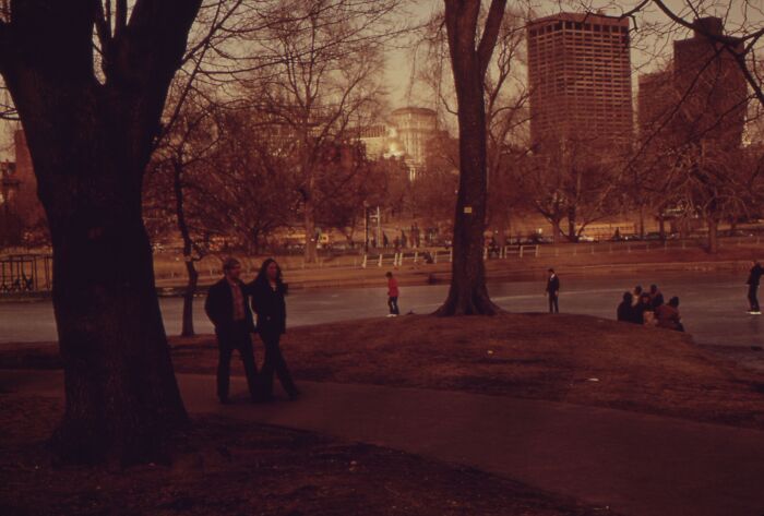 1973 park scene with people walking and sitting near a frozen pond, with tall buildings in the background.