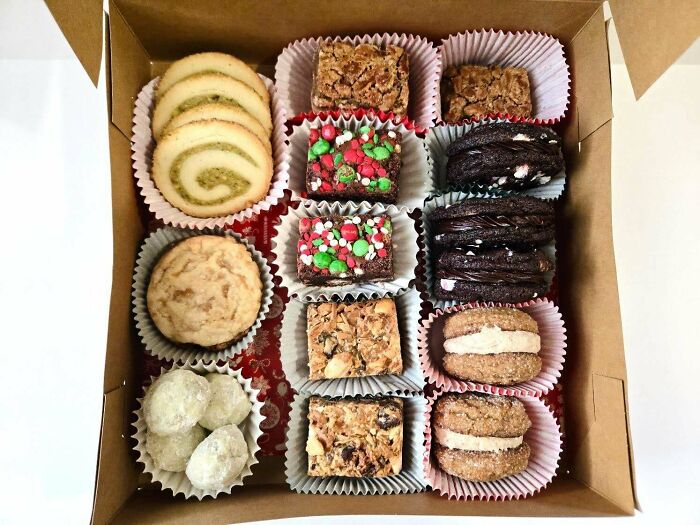 Box of assorted cookies and bars showcasing creative baking at another level.