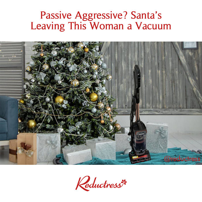 Humorous fake article headline about Christmas vacuum with decorated tree and presents, Reductress magazine satire