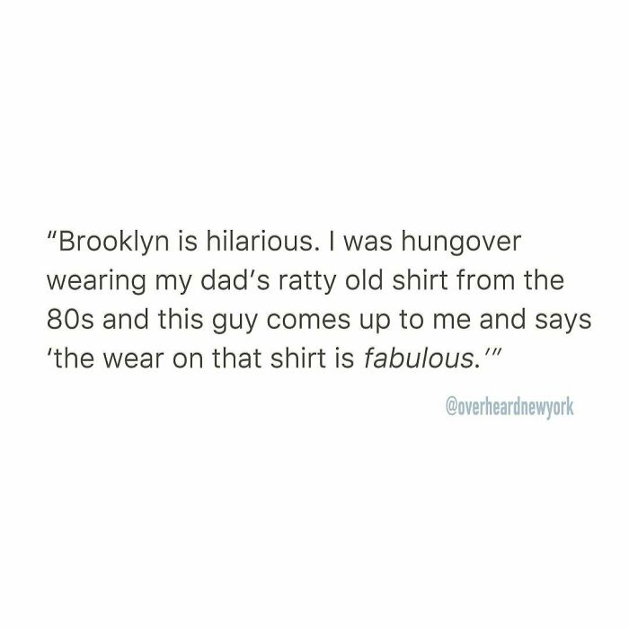 Text post with an NYC wild conversation about a ratty 80s shirt and funny Brooklyn encounter shared online.