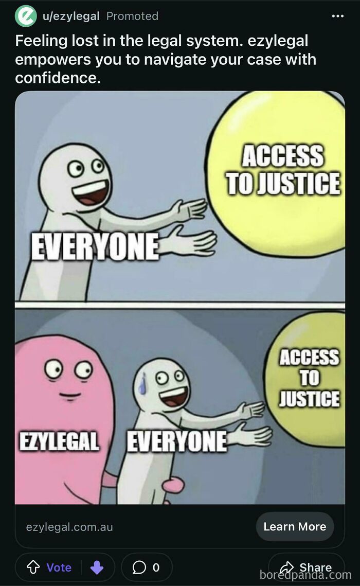 Cartoon showing access to justice with Ezylegal helping everyone