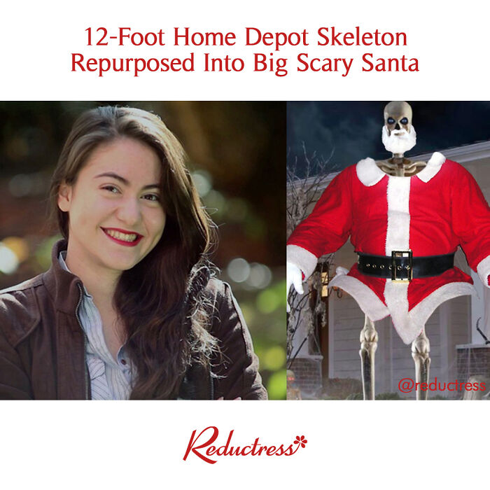 Woman smiling outdoors next to a photo of a 12-foot Halloween skeleton dressed as a scary Santa from Reductress headlines.
