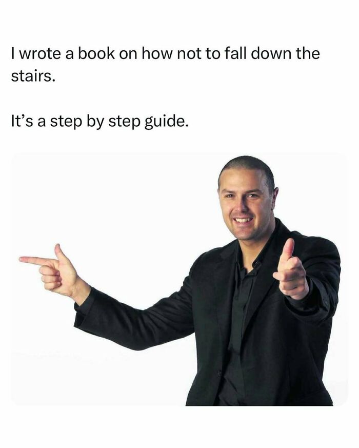 Man in black suit pointing and smiling, with text joke about a "step by step guide"; classic dad humor.