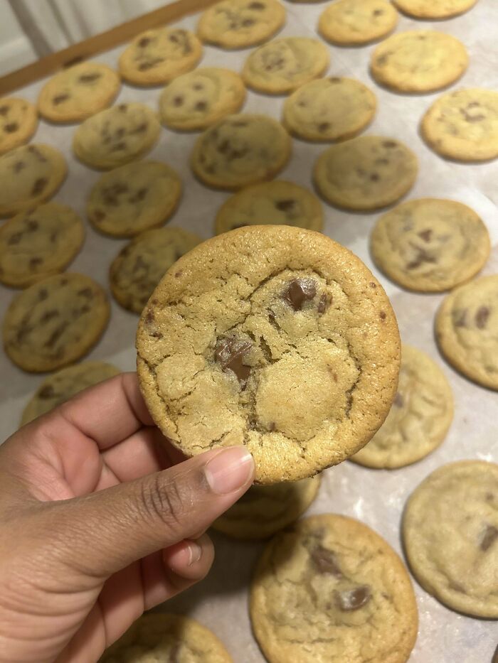 Hand holding a freshly baked chocolate chip cookie with more cookies on a tray in the background.