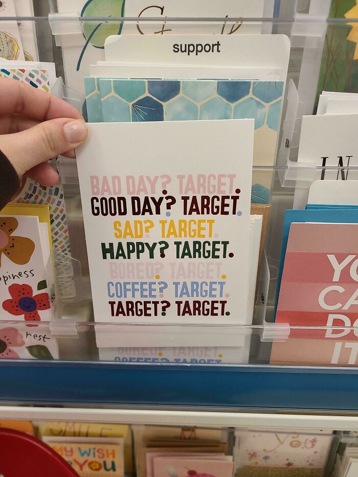 Card with phrases linking moods to Target, illustrating irony and disillusionment with consumerism.