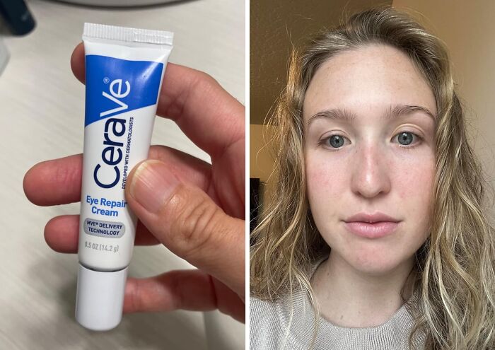 CeraVe Eye Repair Cream held by a person and a woman's face showing no undereye circles, highlighting best Amazon buys.