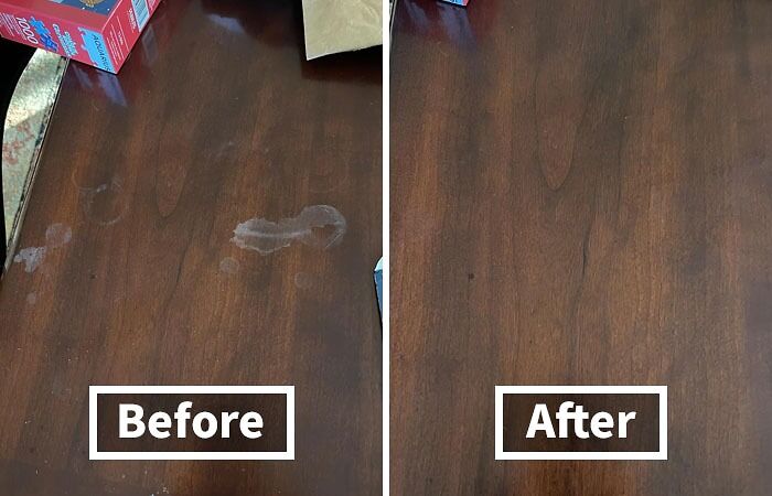 Before and after images of a wooden table cleaned with a product from Amazon.