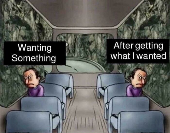 Cartoon of a sad man on a bus, illustrating ironic views on consumerism.