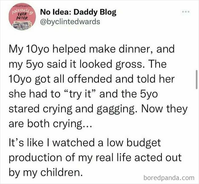 Text from a social media post humorously describing a child's reaction to dinner.