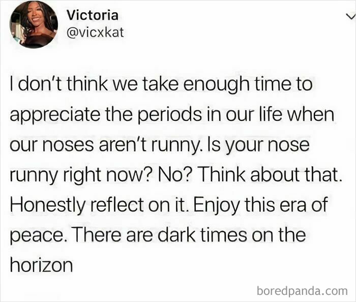 Funny post about appreciating times when noses aren't runny, shared on an IG page for hilariously dumb content.