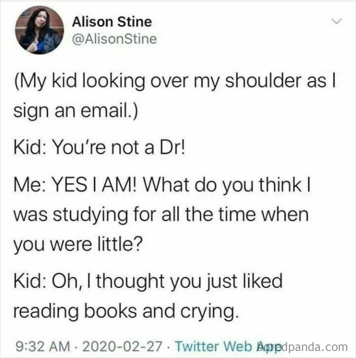 Funny exchange between parent and child with the kid questioning the parent's credentials as a doctor.