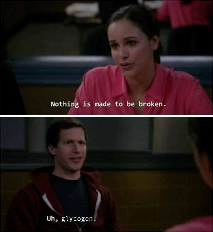 Two characters discuss glycogen in a humorous science meme, showcasing relatable science humor.