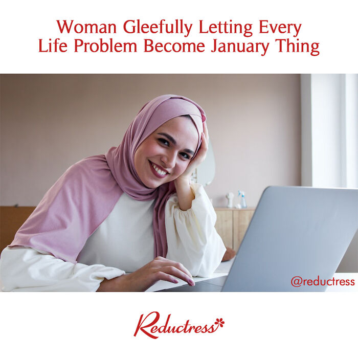 Smiling woman wearing hijab at laptop with funny fake article headline from Reductress online magazine.