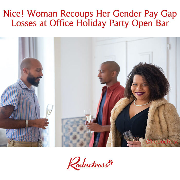 Group of people enjoying drinks at office party in funny fake article headline from Reductress online magazine.