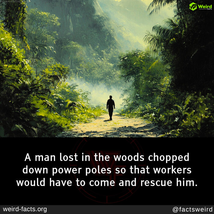 Person walking in dense forest with text about unusual fact involving self-rescue by chopping power poles.