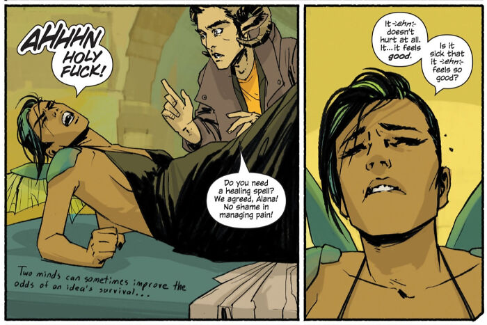 Comic panels showing a male character in pain and discomfort, highlighting misunderstandings by male authors about women.