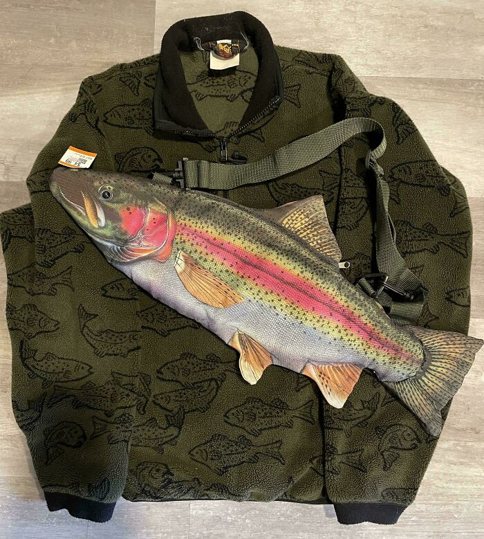 Green fish-patterned sweater with a fish-shaped bag, found thrifting.