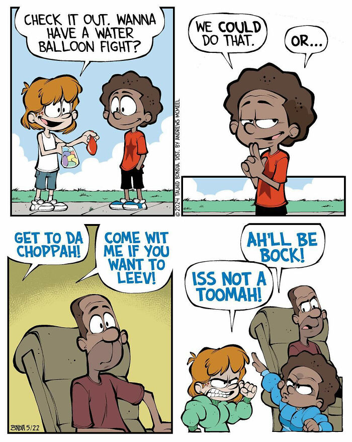 Two kids in '80s style comic by Tauhid Bondia, quoting iconic movie lines, planning a water balloon fight.