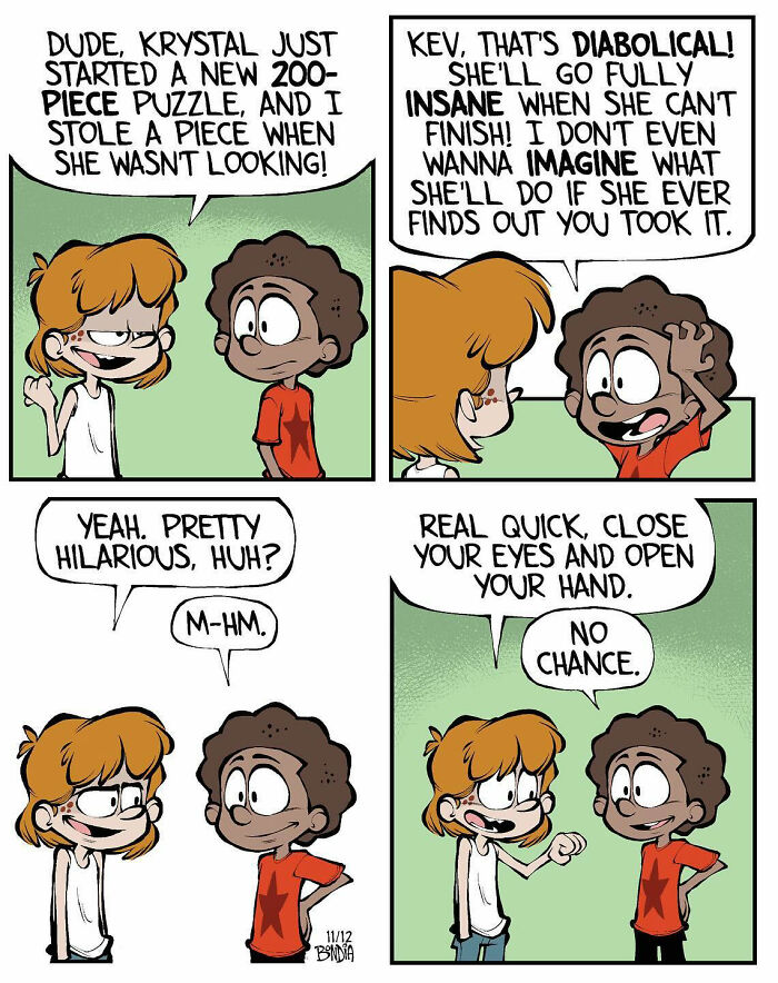 Nostalgic comic characters discuss a prank involving a puzzle piece in a humorous scene by Tauhid Bondia.