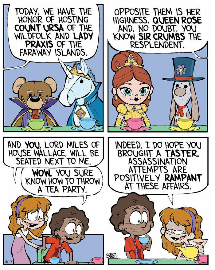 Nostalgic comic by Tauhid Bondia featuring whimsical characters at a tea party discussing a taster for security.