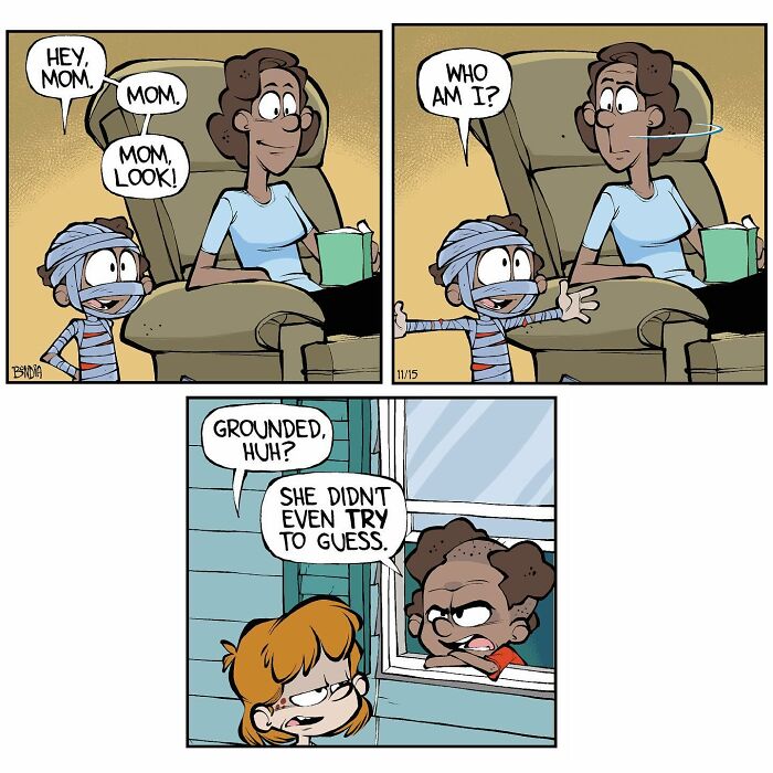 Child wrapped as a mummy, asking mom in comic about growing up in the '80s, mom is unresponsive. Another child comments.
