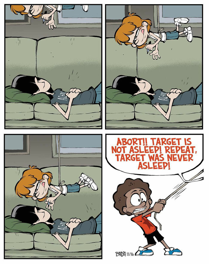 A nostalgic comic strip by Tauhid Bondia showing kids playing a prank that goes wrong, with humorous dialogue.