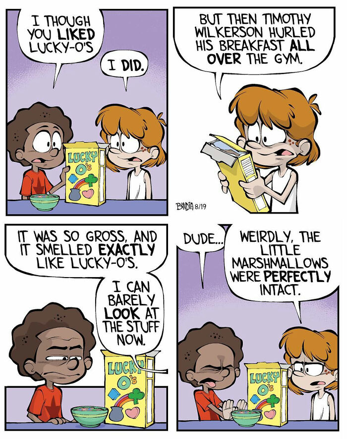 Comic by Tauhid Bondia about 1980s cereal nostalgia with two kids discussing an incident at school involving Lucky-O's cereal.