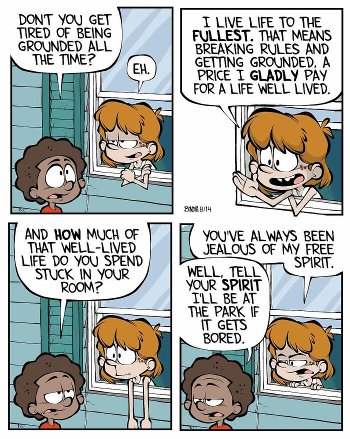 Two kids in a comic strip discuss being grounded and living life with a free spirit.