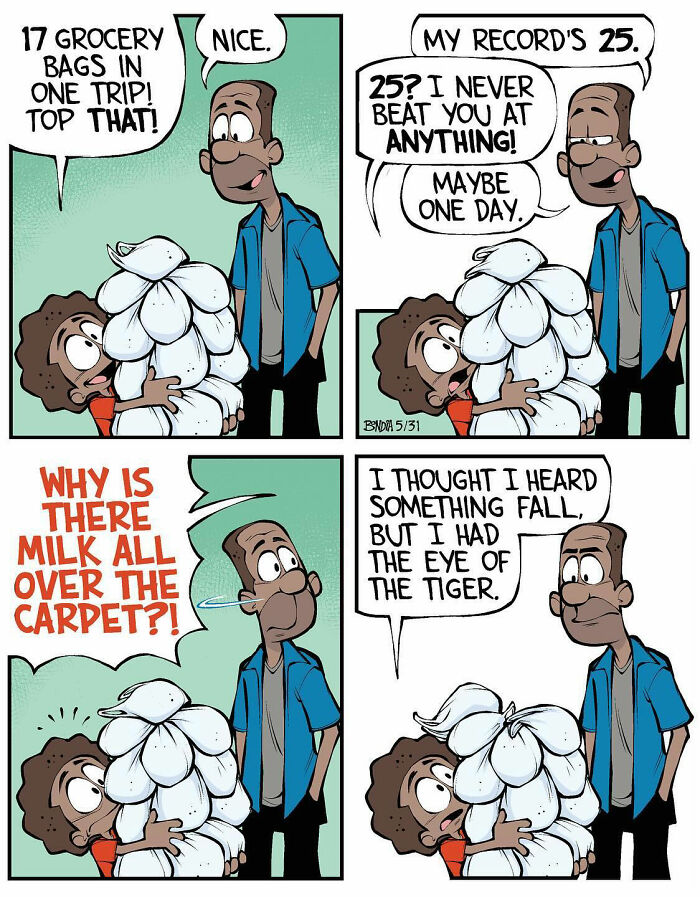 Comic of two people with grocery bags, discussing records, with a nostalgic theme by Tauhid Bondia.