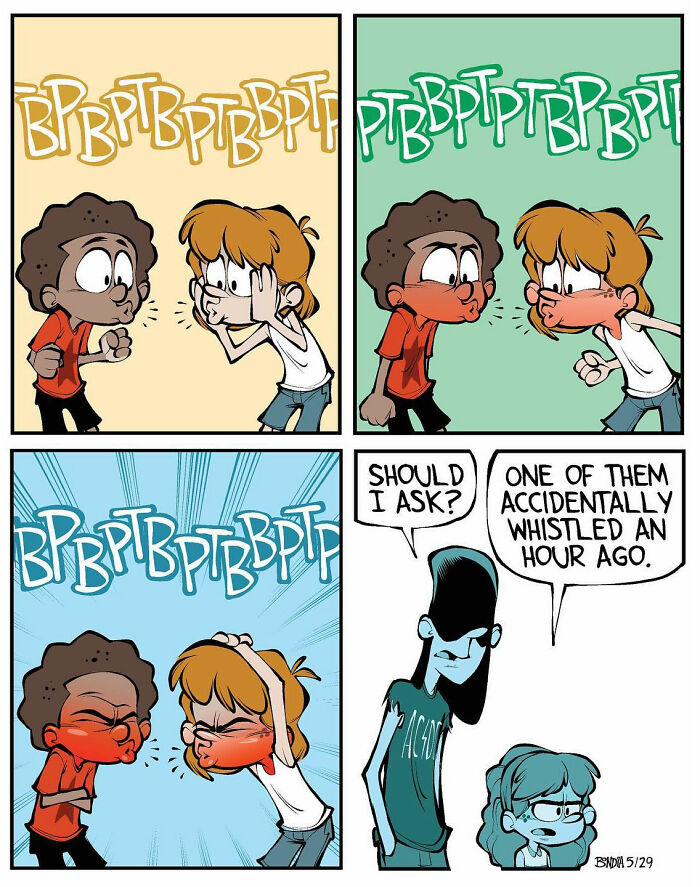 Two kids in the '80s puff cheeks to whistle with kids nearby, capturing nostalgic comic moments by Tauhid Bondia.