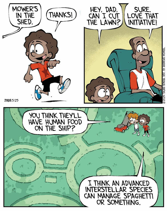 Comic about growing up in the '80s by Tauhid Bondia, featuring kids discussing mowing the lawn with an alien twist.