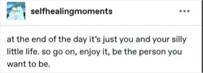 Humorous meme captioned "at the end of the day it's just you and your silly little life," reflecting on life and culture.