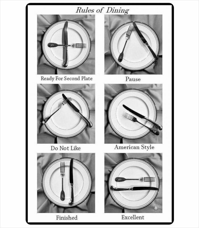 Dining etiquette guide showing six place settings representing different messages.