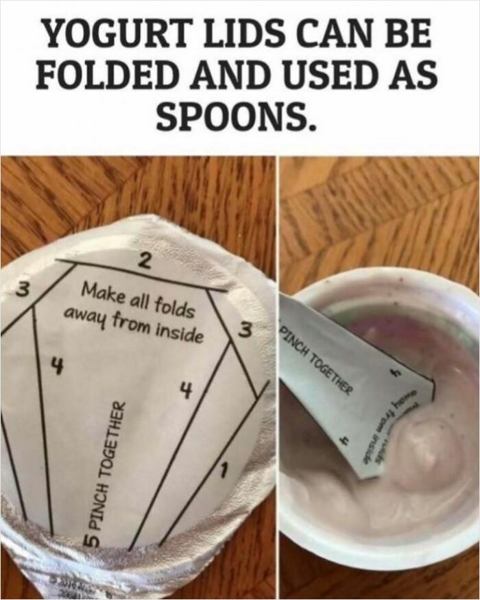 Yogurt lid folded into a spoon, illustrating a creative life hack for everyday use.