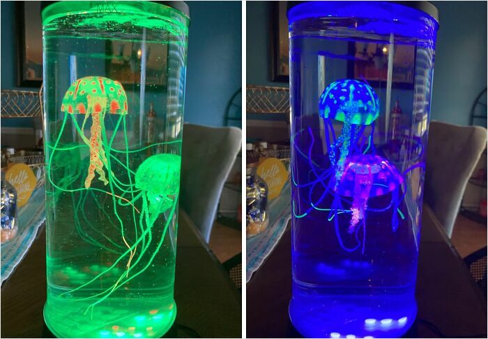Colorful glowing jellyfish lamp in a dimly lit room, showcasing vibrant hues.
