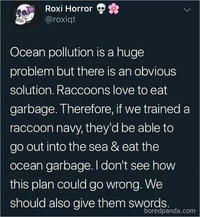Hilarious suggestion of training raccoons as a navy to solve ocean pollution with swords.