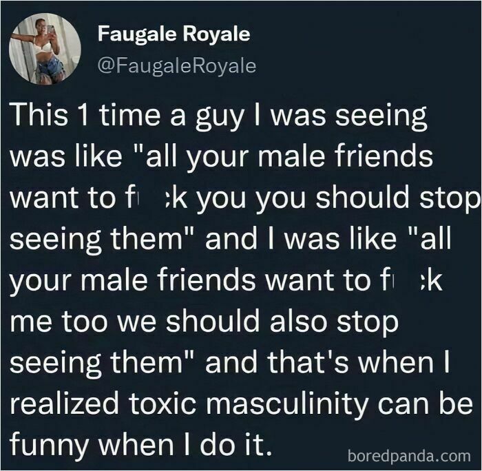 Screenshot of a tweet humorously addressing toxic masculinity.