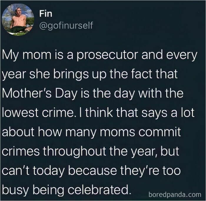 Humorous post about Mother's Day being the day with lowest crime, highlighting a funny perspective on moms and crime rates.