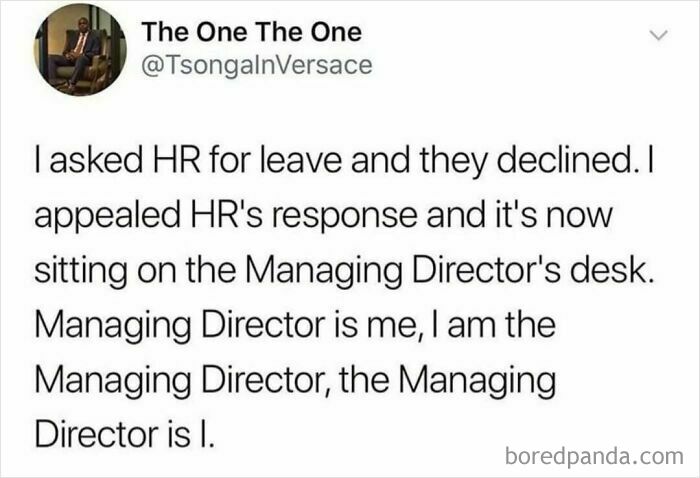 Funny social media post about leave request conundrum, highlighting a humorous misunderstanding involving HR and the Managing Director.