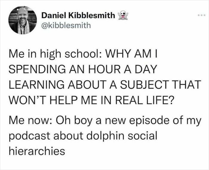 Post showing a humorous contrast of high school priorities versus adult life interests.