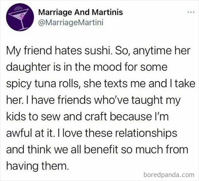 Social media post about why friendships are beneficial, shared by user Marriage And Martinis.