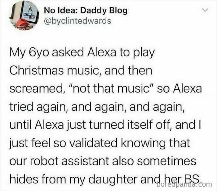 Text post about a child's hilarious interaction with Alexa over Christmas music, shared on social media.