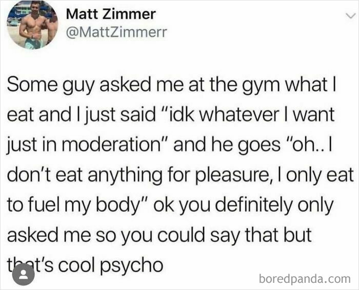 Text post captioned by Matt Zimmer humorously describing a gym conversation about eating habits.